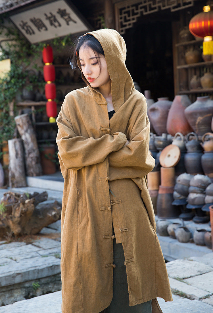 Loose cotton hooded jacket, vintage Chinese casual hooded shirt