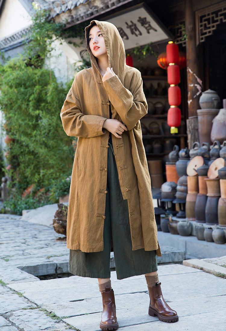 Loose cotton hooded jacket, vintage Chinese casual hooded shirt