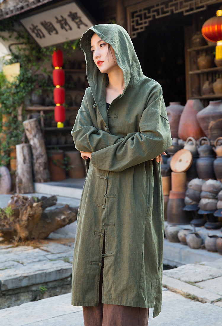 Loose cotton hooded jacket, vintage Chinese casual hooded shirt