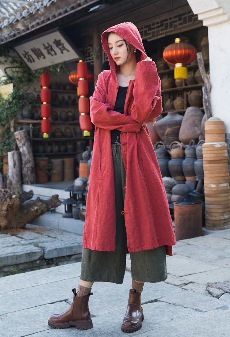 Loose cotton hooded jacket, vintage Chinese casual hooded shirt
