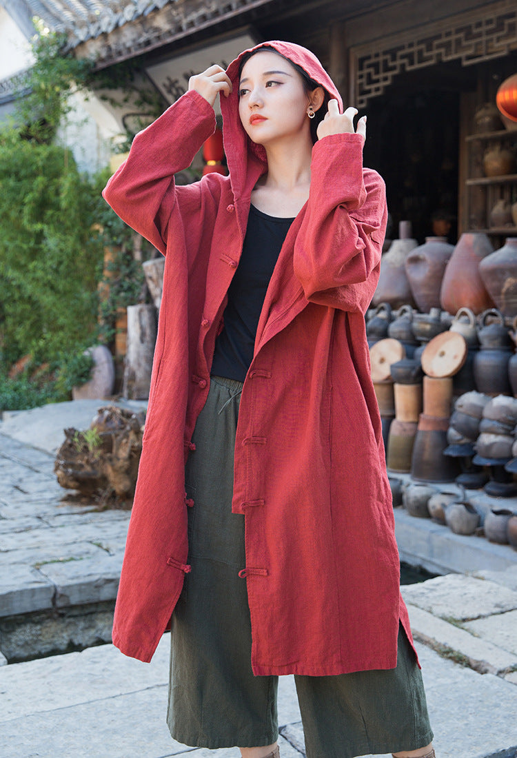 Loose cotton hooded jacket, vintage Chinese casual hooded shirt