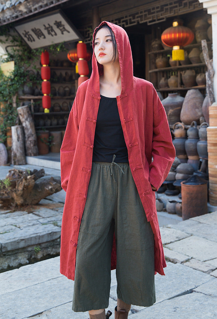 Loose cotton hooded jacket, vintage Chinese casual hooded shirt