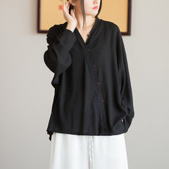 V-Neck Cotton Linen Shirt, Loose Casual Shirt