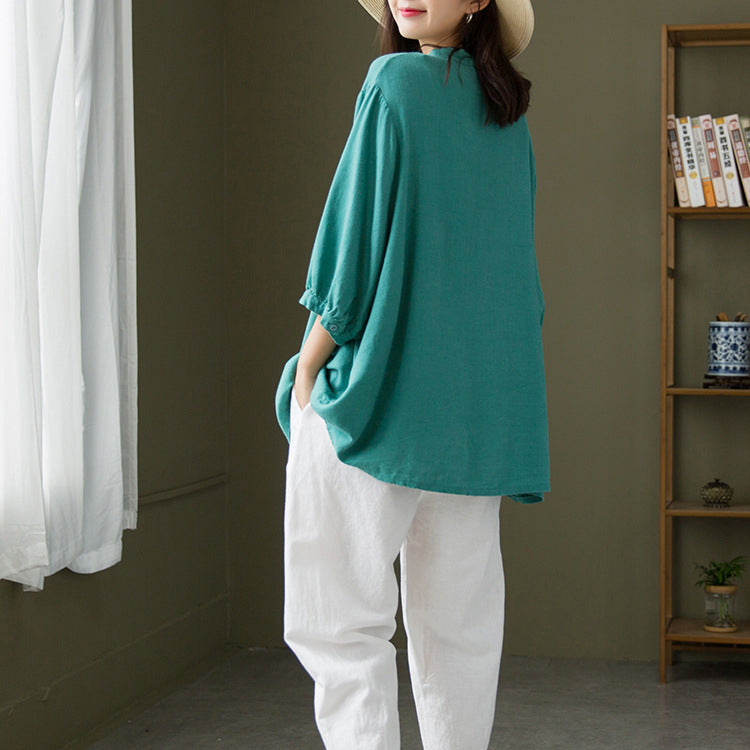 Boat neck cotton linen shirt, summer loose casual shirt