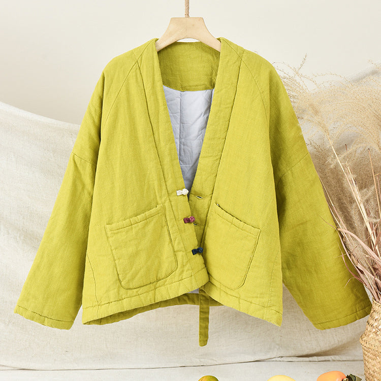 Vintage frog button winter jacket,Chinese loose linen thick jacket