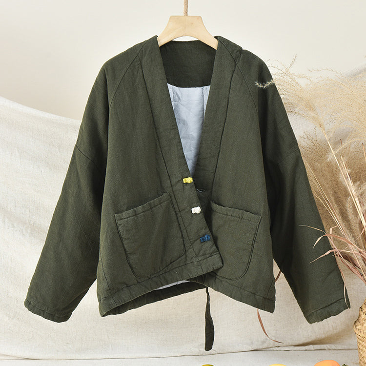 Vintage frog button winter jacket,Chinese loose linen thick jacket