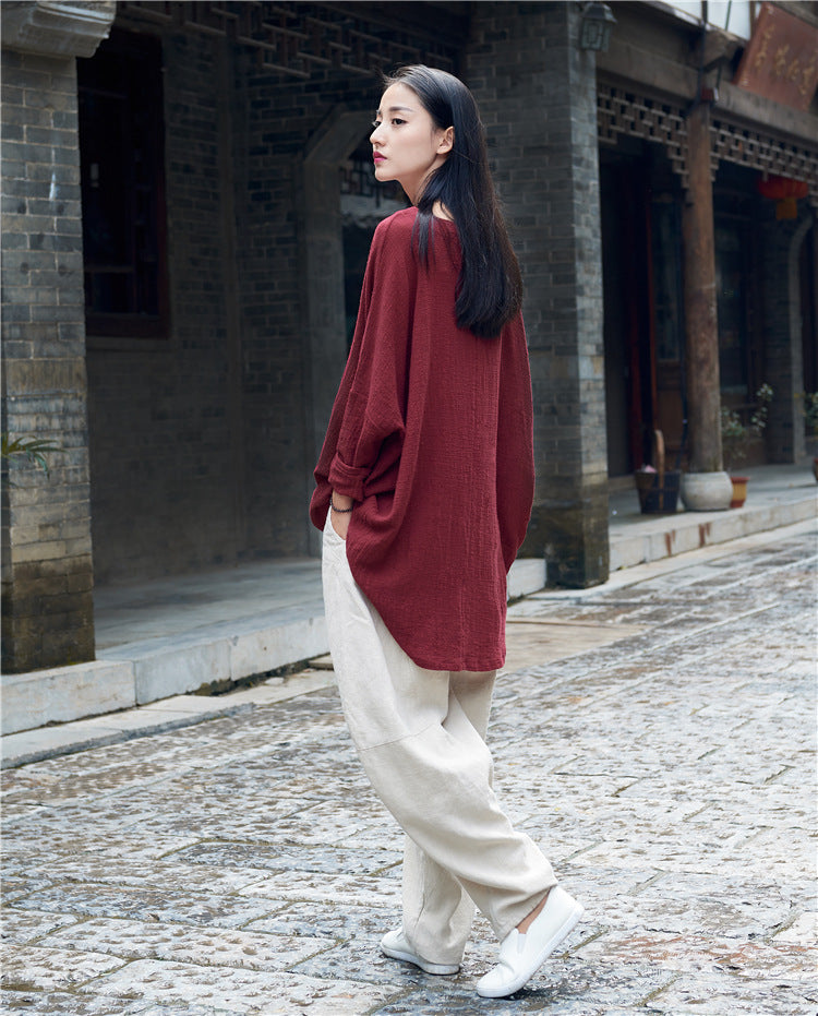 Summer long-sleeved cotton T-shirt,Vintage Chinese Shirt