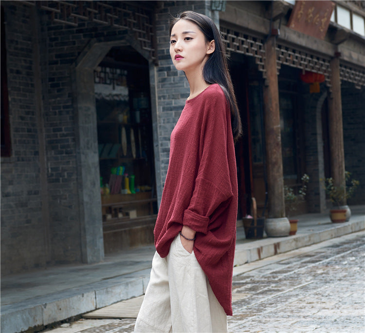 Summer long-sleeved cotton T-shirt,Vintage Chinese Shirt