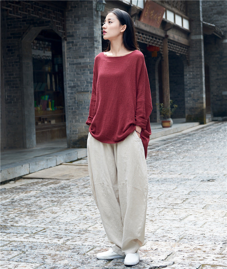 Summer long-sleeved cotton T-shirt,Vintage Chinese Shirt