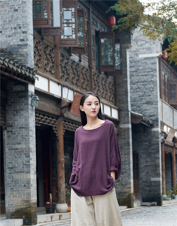 Summer long-sleeved cotton T-shirt,Vintage Chinese Shirt