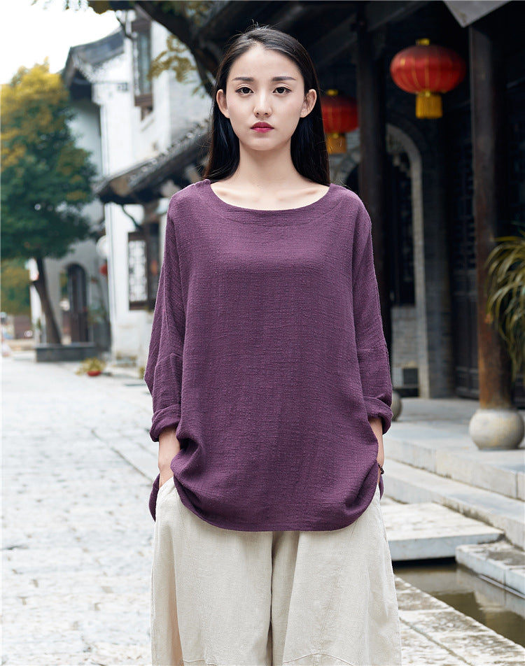 Summer long-sleeved cotton T-shirt,Vintage Chinese Shirt