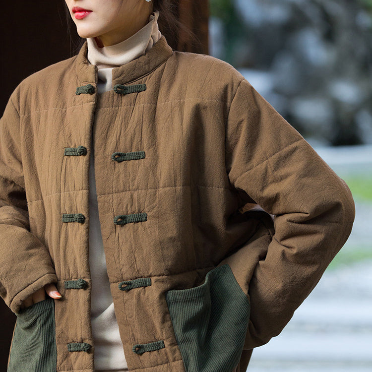 Patchwork Linen Winter Jacket, Chinese Vintage Frog Button Cotton Jacket