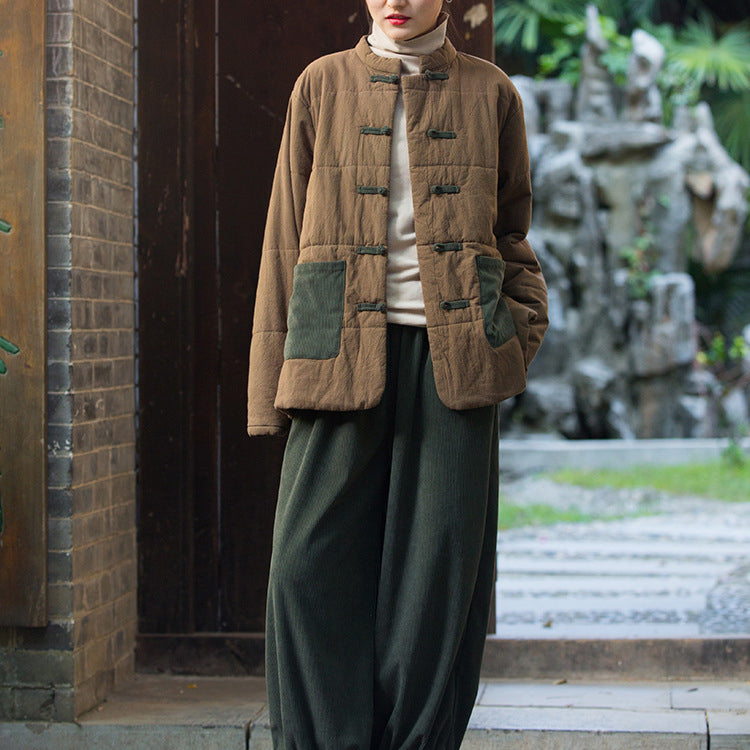 Patchwork Linen Winter Jacket, Chinese Vintage Frog Button Cotton Jacket