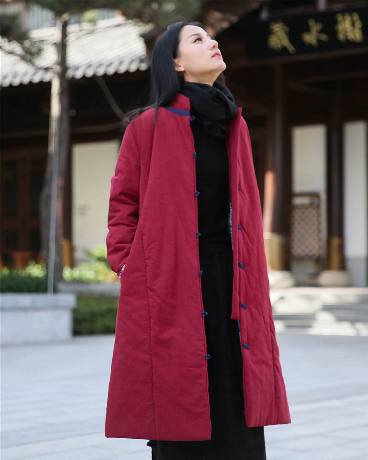 Linen Winter Standing Collar Coat, Chinese Vintage Frog Button Cotton Coat