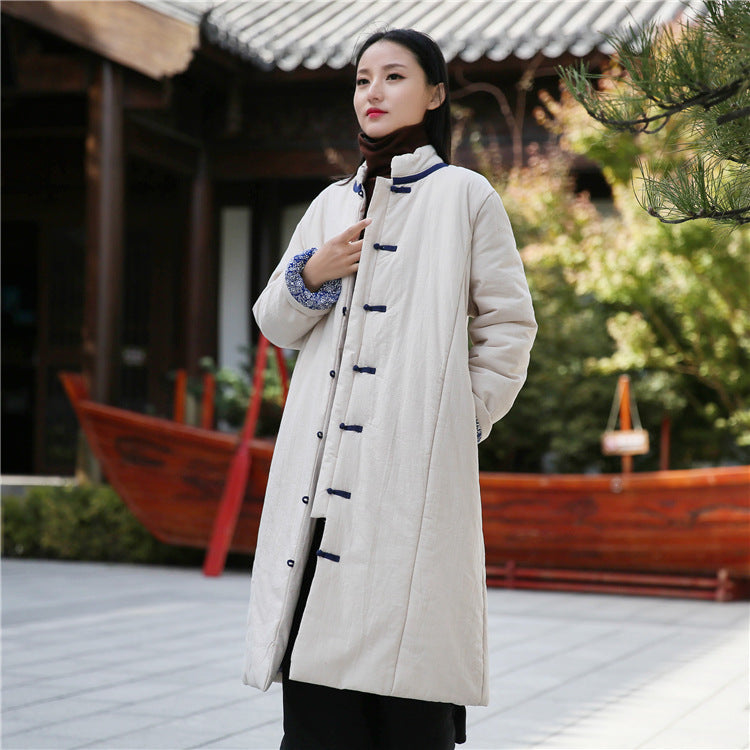 Linen Winter Standing Collar Coat, Chinese Vintage Frog Button Cotton Coat