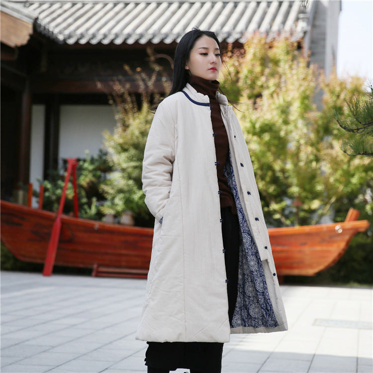 Linen Winter Standing Collar Coat, Chinese Vintage Frog Button Cotton Coat