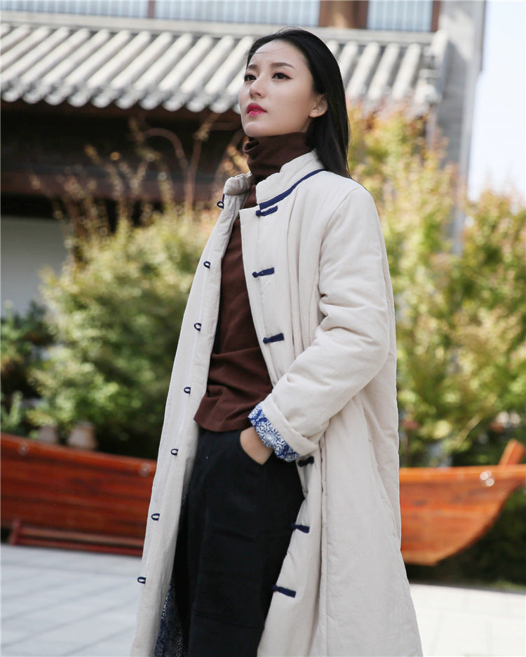 Linen Winter Standing Collar Coat, Chinese Vintage Frog Button Cotton Coat