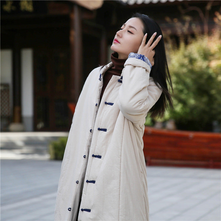 Linen Winter Standing Collar Coat, Chinese Vintage Frog Button Cotton Coat