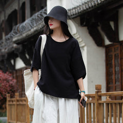 Summer Short Sleeve Boat Neck T-Shirt, Vintage Chinese Cotton  Linen Top