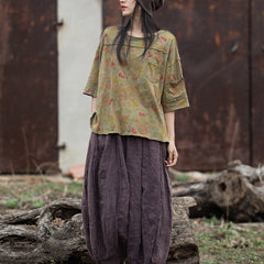 Summer Short Sleeve Boat Neck Printed T-Shirt, Vintage Chinese Cotton and Linen Top