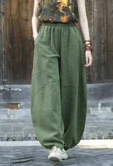 Women's Stone Washed Linen Pants, Loose Casual Elastic Waist Fried Color Linen Pants Tapered Harlem Pants