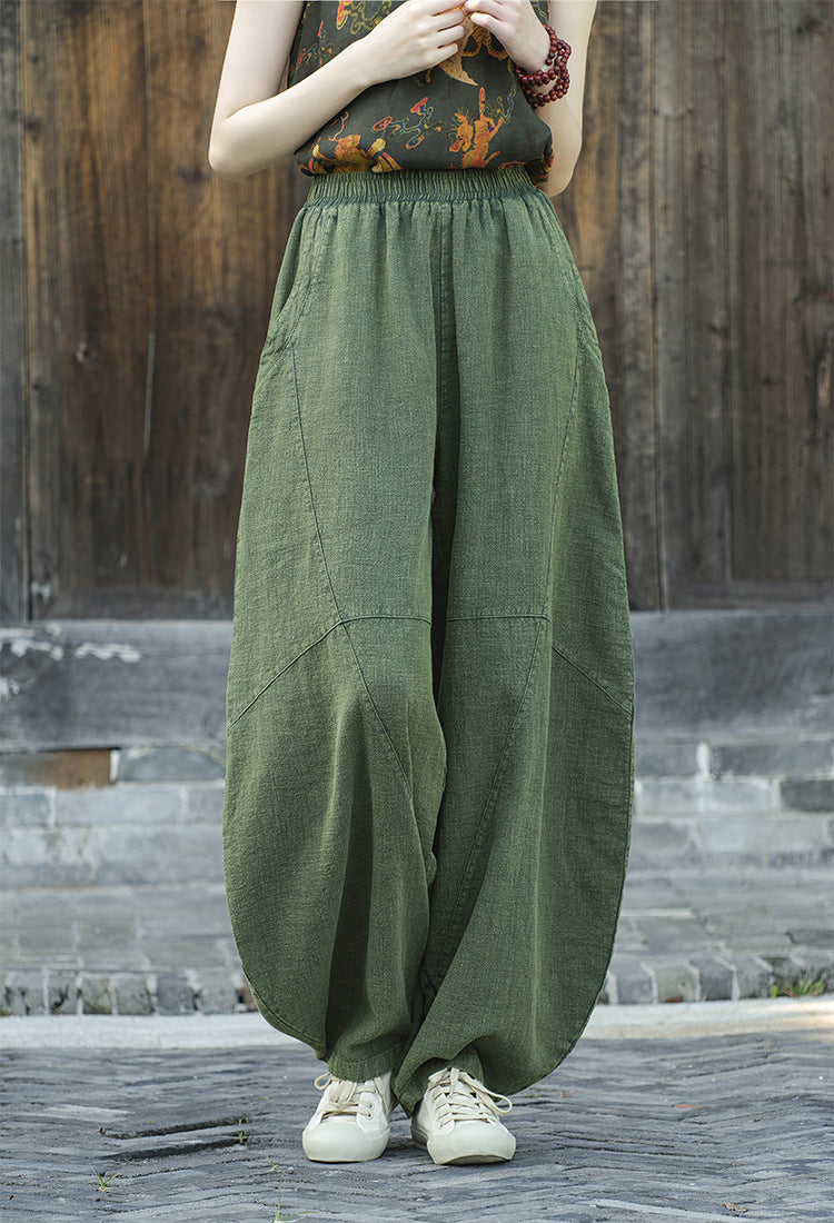 Women's Stone Washed Linen Pants, Loose Casual Elastic Waist Fried Color Linen Pants Tapered Harlem Pants