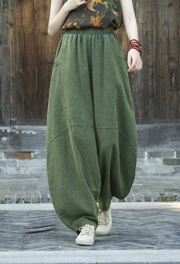 Women's Stone Washed Linen Pants, Loose Casual Elastic Waist Fried Color Linen Pants Tapered Harlem Pants