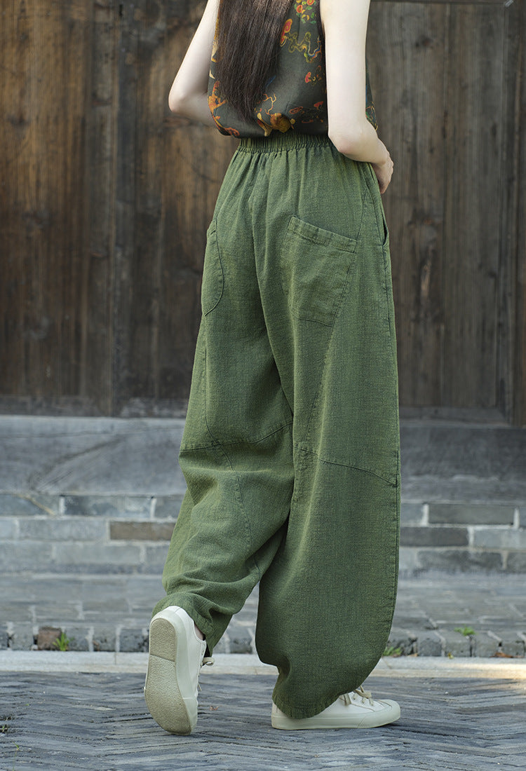 Women's Stone Washed Linen Pants, Loose Casual Elastic Waist Fried Color Linen Pants Tapered Harlem Pants