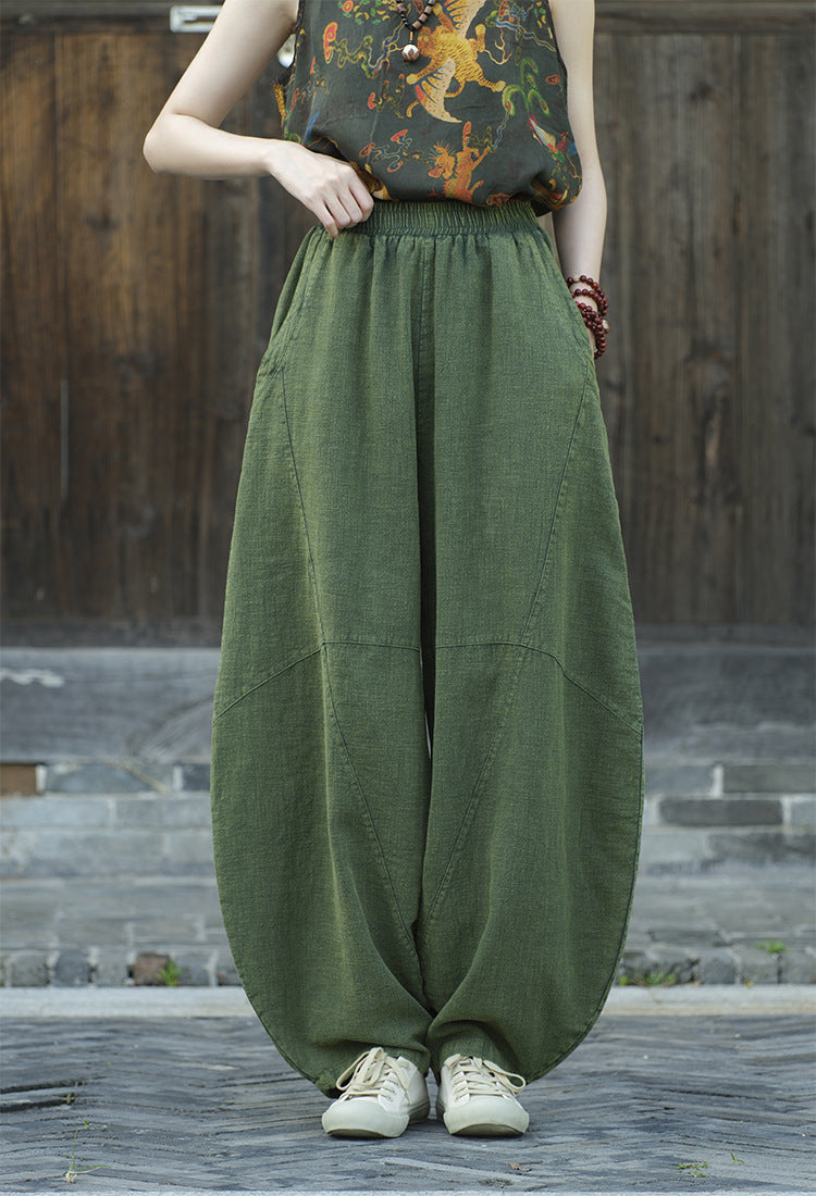 Women's Stone Washed Linen Pants, Loose Casual Elastic Waist Fried Color Linen Pants Tapered Harlem Pants