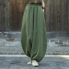 Women's Stone Washed Linen Pants, Loose Casual Elastic Waist Fried Color Linen Pants Tapered Harlem Pants