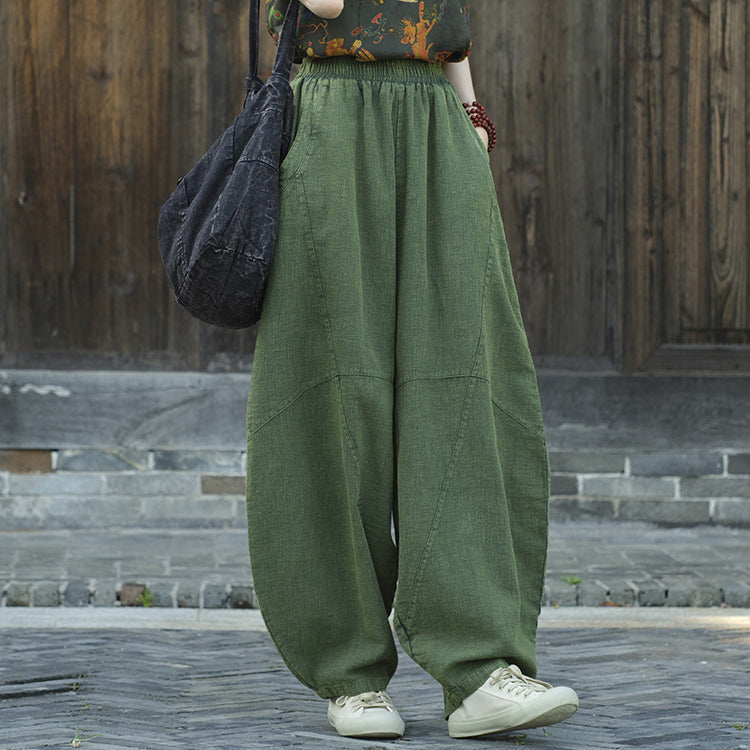 Women's Stone Washed Linen Pants, Loose Casual Elastic Waist Fried Color Linen Pants Tapered Harlem Pants