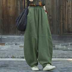 Women's Stone Washed Linen Pants, Loose Casual Elastic Waist Fried Color Linen Pants Tapered Harlem Pants