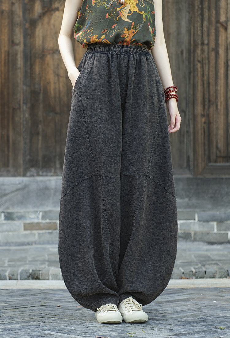 Women's Stone Washed Linen Pants, Loose Casual Elastic Waist Fried Color Linen Pants Tapered Harlem Pants