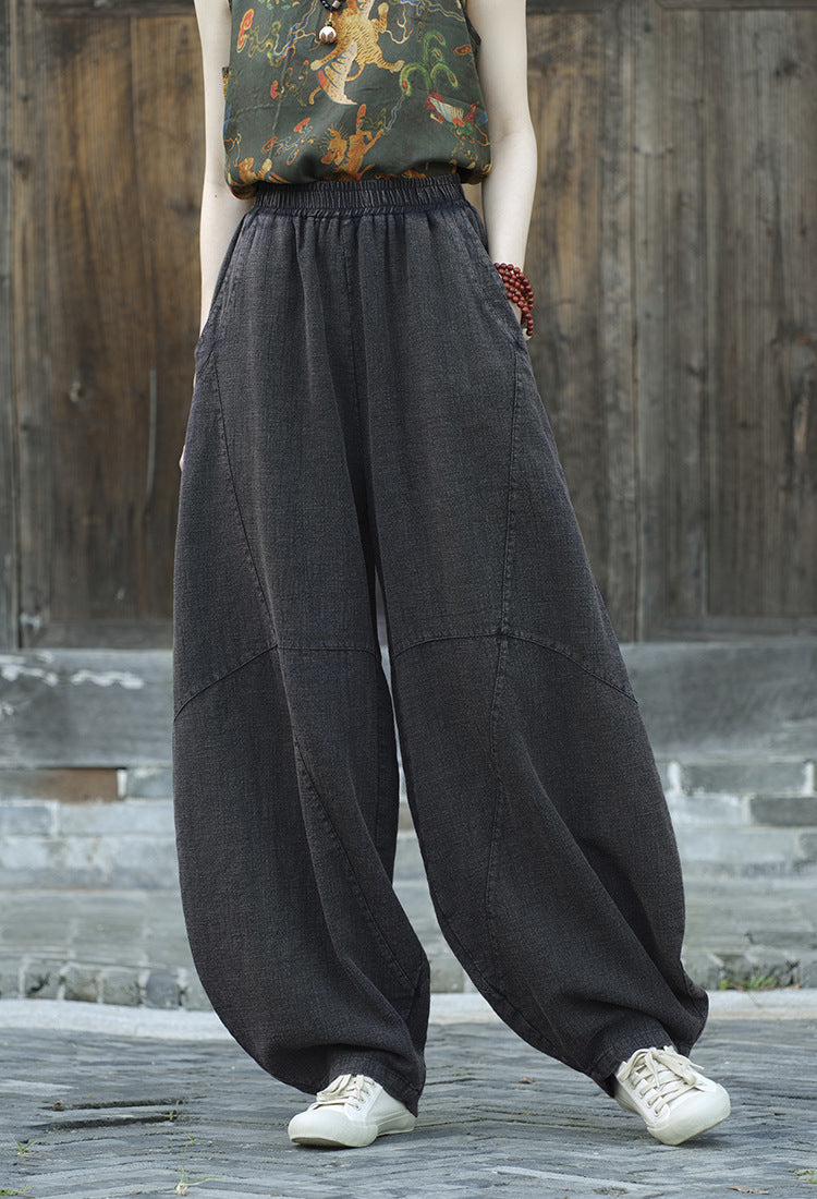 Women's Stone Washed Linen Pants, Loose Casual Elastic Waist Fried Color Linen Pants Tapered Harlem Pants