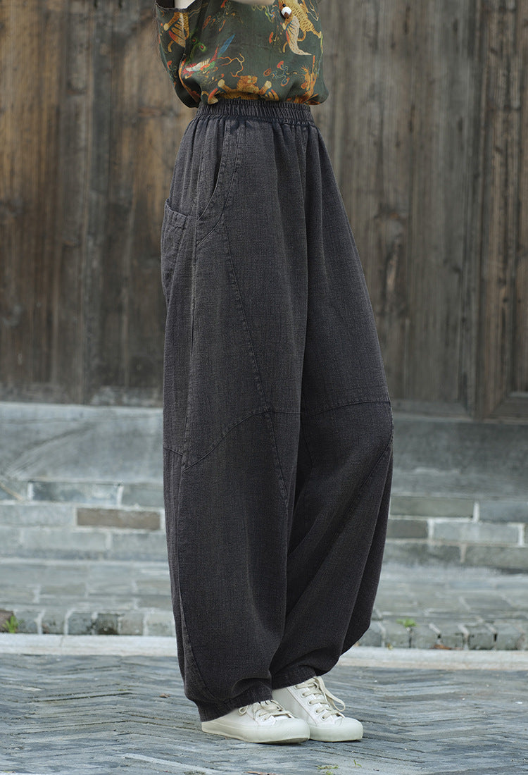 Women's Stone Washed Linen Pants, Loose Casual Elastic Waist Fried Color Linen Pants Tapered Harlem Pants