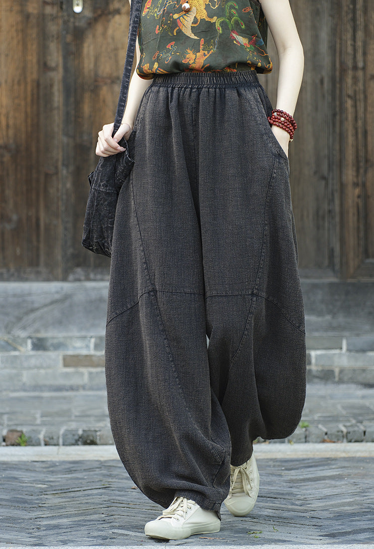 Women's Stone Washed Linen Pants, Loose Casual Elastic Waist Fried Color Linen Pants Tapered Harlem Pants