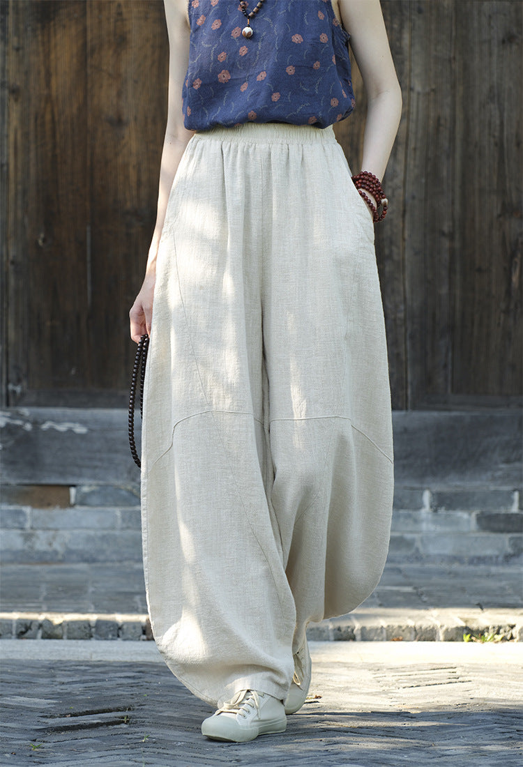 Women's Stone Washed Linen Pants, Loose Casual Elastic Waist Fried Color Linen Pants Tapered Harlem Pants