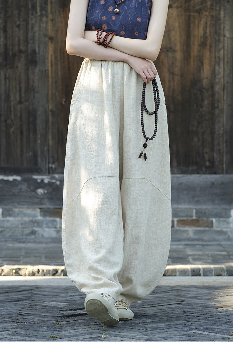 Women's Stone Washed Linen Pants, Loose Casual Elastic Waist Fried Color Linen Pants Tapered Harlem Pants