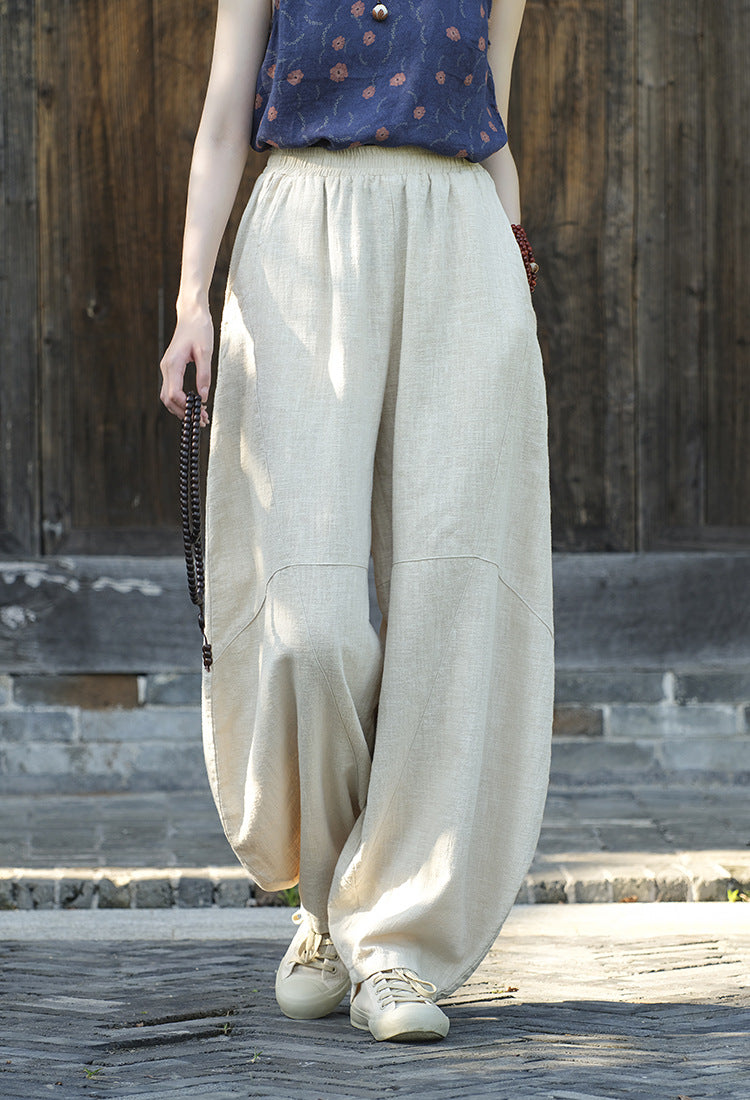 Women's Stone Washed Linen Pants, Loose Casual Elastic Waist Fried Color Linen Pants Tapered Harlem Pants