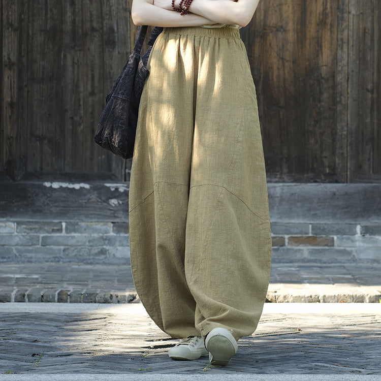 Women's Stone Washed Linen Pants, Loose Casual Elastic Waist Fried Color Linen Pants Tapered Harlem Pants