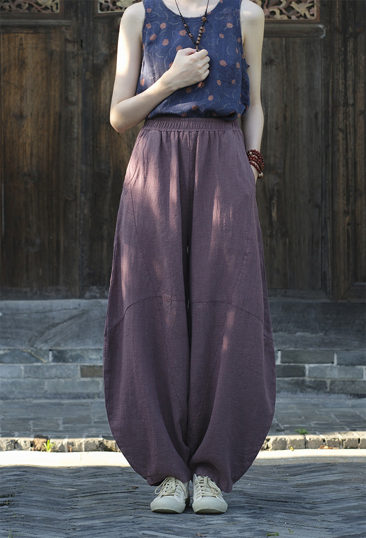 Women's Stone Washed Linen Pants, Loose Casual Elastic Waist Fried Color Linen Pants Tapered Harlem Pants