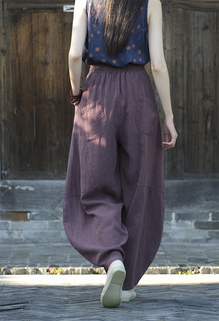 Women's Stone Washed Linen Pants, Loose Casual Elastic Waist Fried Color Linen Pants Tapered Harlem Pants