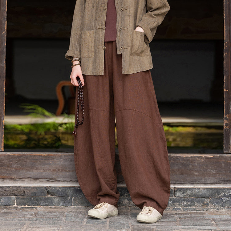 Women's Stone Washed Linen Pants, Loose Casual Elastic Waist Fried Color Linen Pants Tapered Harlem Pants