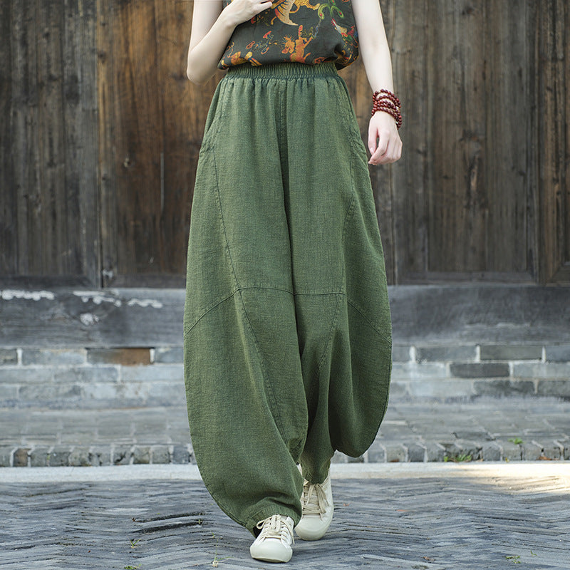 Women's Stone Washed Linen Pants, Loose Casual Elastic Waist Fried Color Linen Pants Tapered Harlem Pants