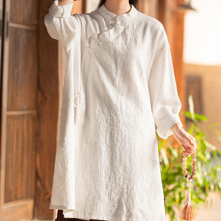 Chinese Frog Button Long Shirt, Vintage Cotton and Linen Top