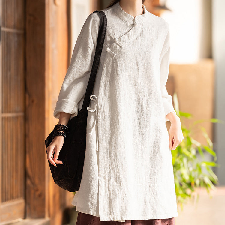 Chinese Frog Button Long Shirt, Vintage Cotton and Linen Top