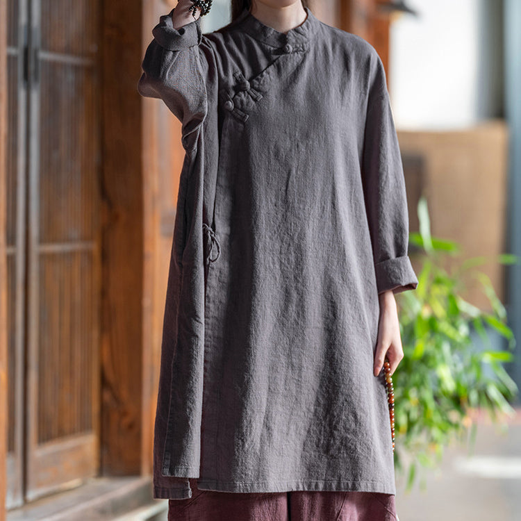 Chinese Frog Button Long Shirt, Vintage Cotton and Linen Top