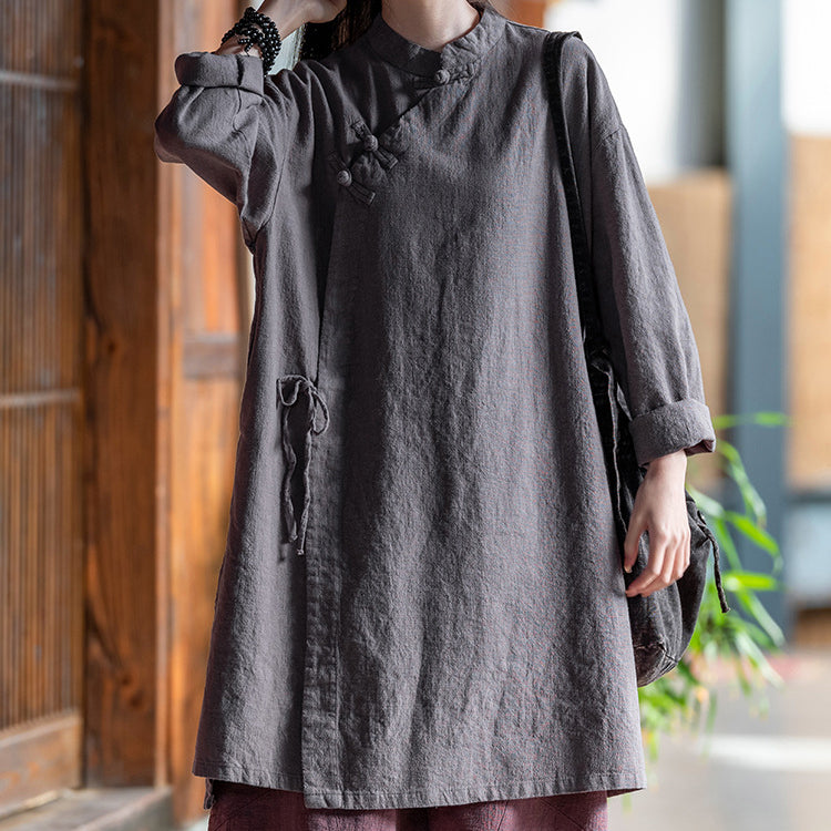 Chinese Frog Button Long Shirt, Vintage Cotton and Linen Top