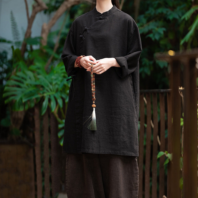 Chinese Frog Button Long Shirt, Vintage Cotton and Linen Top