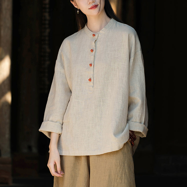 Standing collar linen shirt, vintage Chinese linen shirt